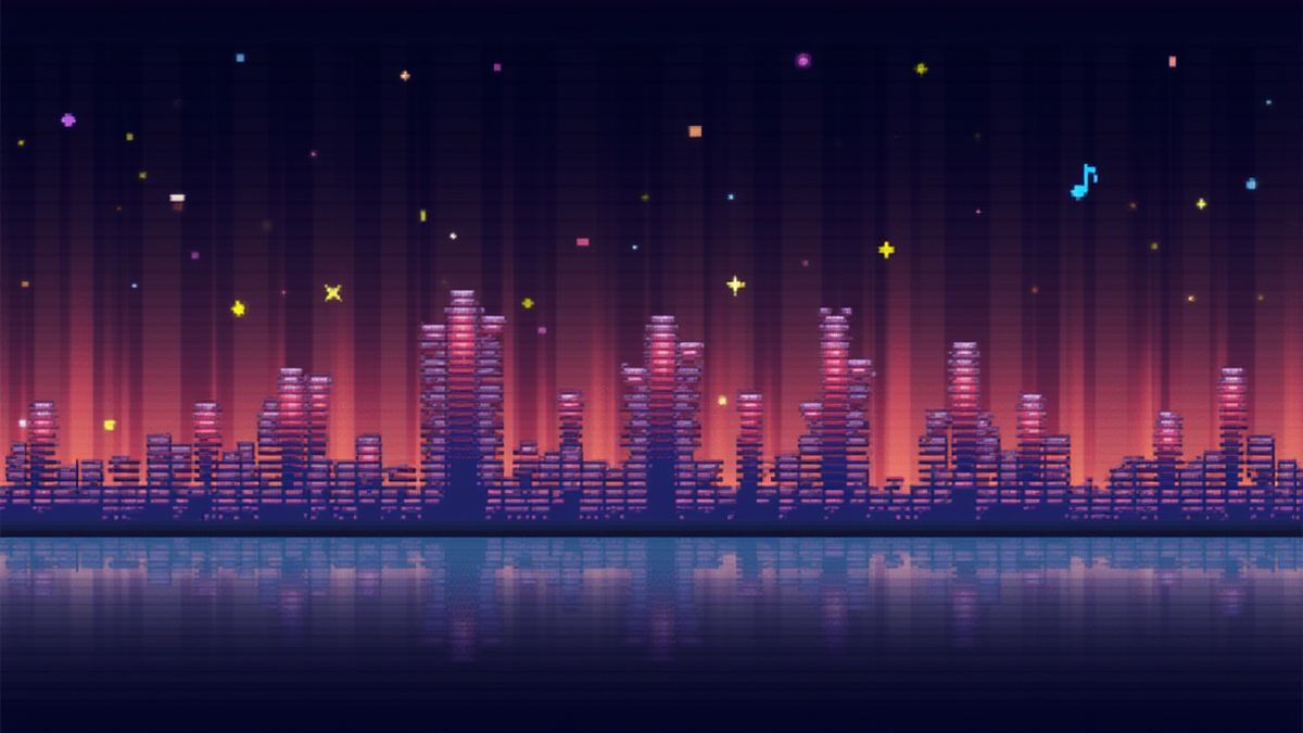 Efectos de sonido estilo pixel-art con ondas retro y notas musicales vibrantes.