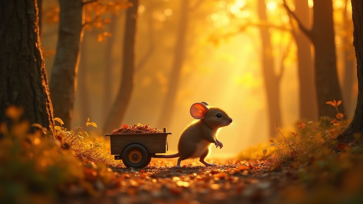 Um rato mágico puxando um carrinho em uma floresta dourada.