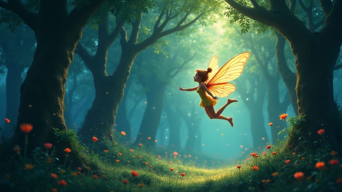 A magical fairy flying through a glowing enchanted forest.