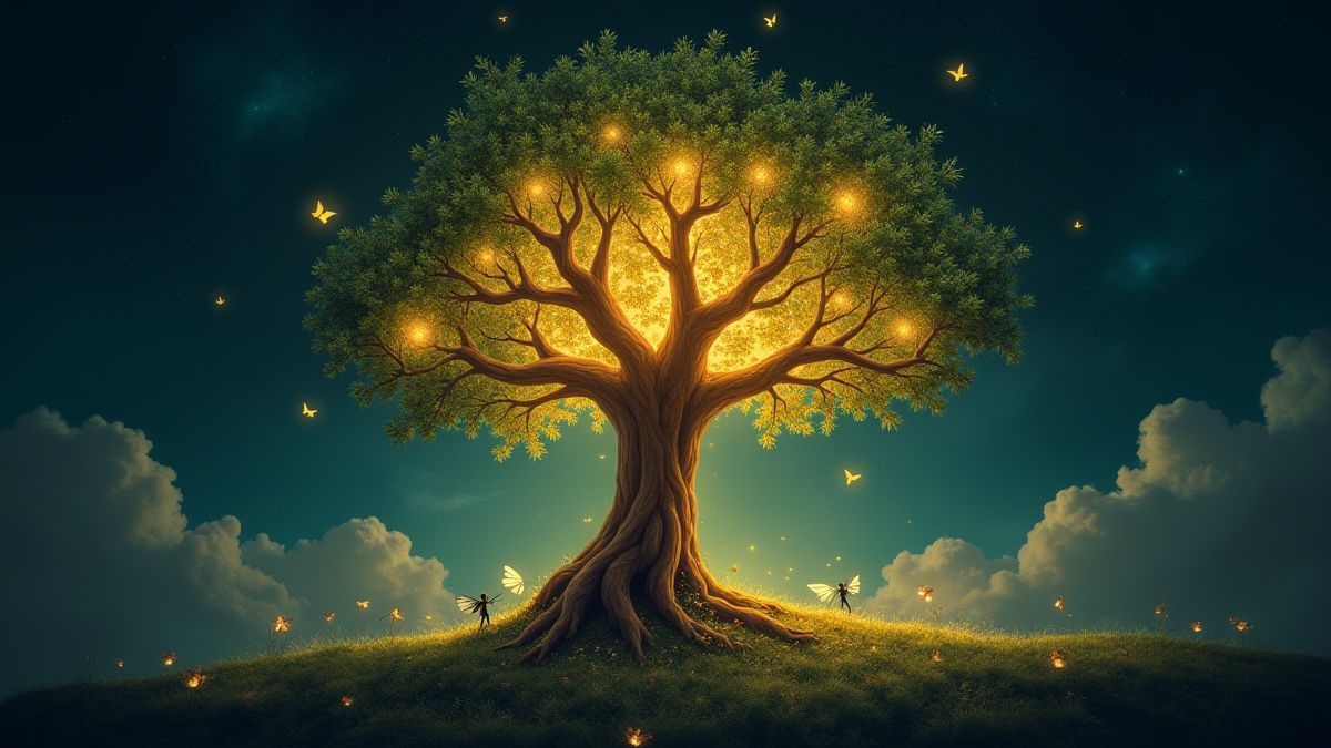 A glowing magical tree surrounded by charming fairies.