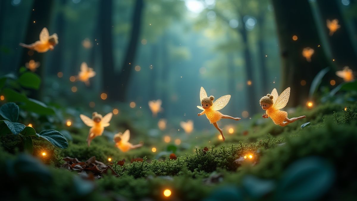Fées magiques volant dans une forêt enchantée pleine de lumières brillantes.