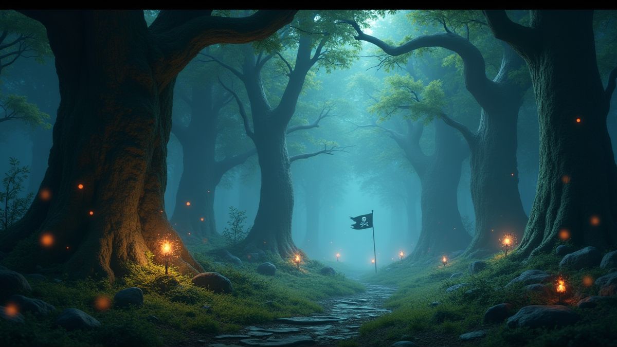 A magical forest with glowing lights and a pirate flag in the background.