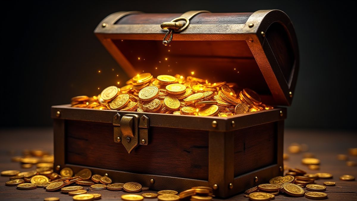 A treasure chest filled with gold coins and magical artifacts glowing.