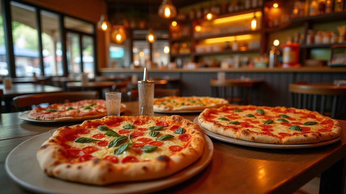 Intérieur d'une pizzeria italienne avec des tables en bois et des pizzas délicieuses.
