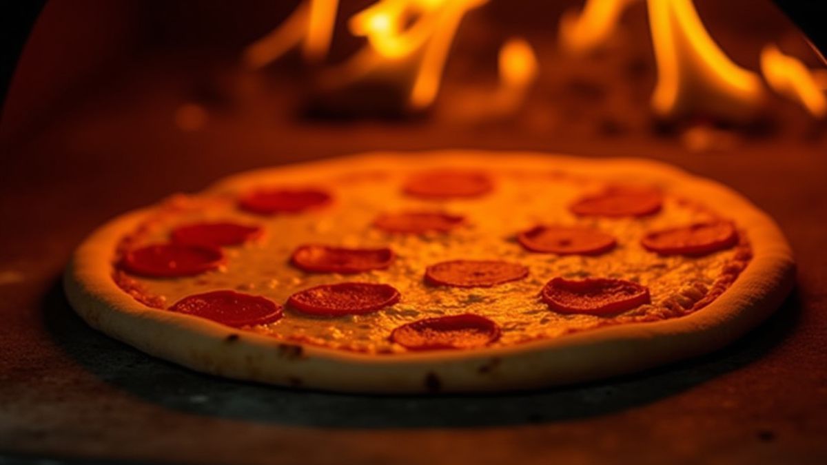 Four traditionnel avec une pizza cuisant entre les flammes.