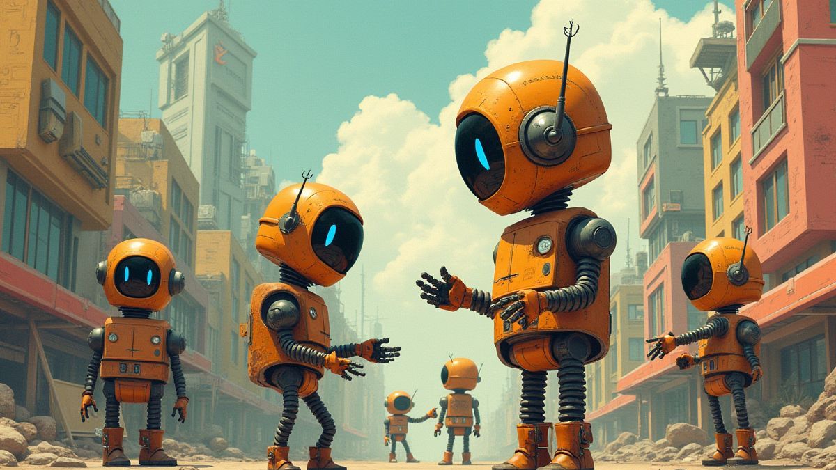 Robots retro en una ciudad futurista animada y colorida.