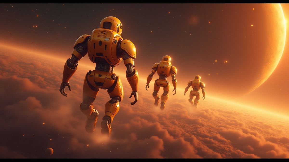 Escena futurista con robots dorados en una galaxia brillante.