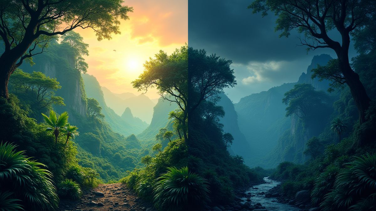 Deux paysages de jungle contrastants, un vibrant et un sombre.