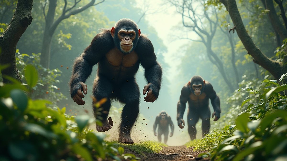 Singes courant dans un paysage de jungle futuriste.