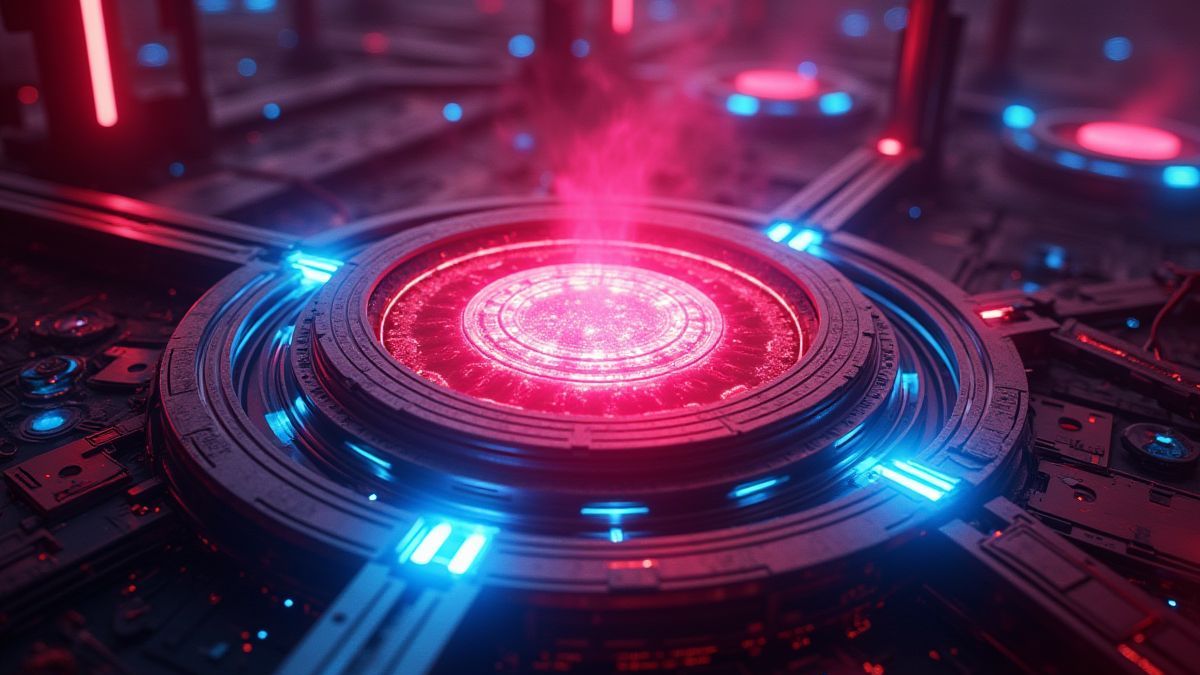 Reaktor de plasma futurista con luces de neón.