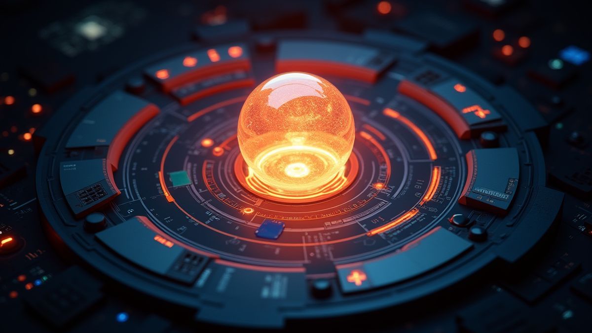 Orbe de plasma rodeado de controles digitales futuristas.