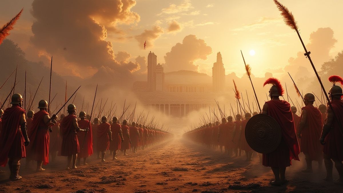 Grieks slagveld met krijgers en wapens