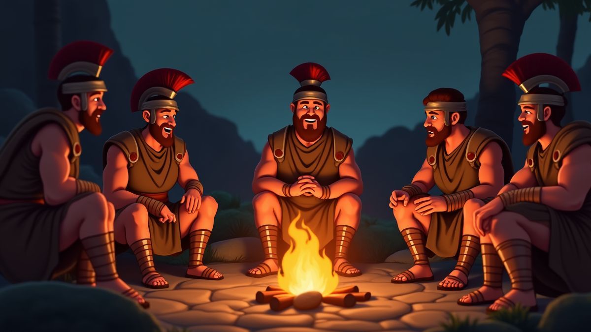 Griekse krijgers die strategieën bespreken rond een kampvuur