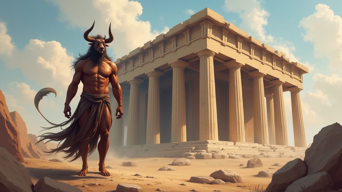 Minotaure devant un temple grec