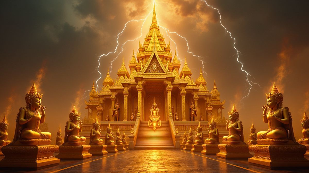 A golden temple with statues of mythological gods and lightning.