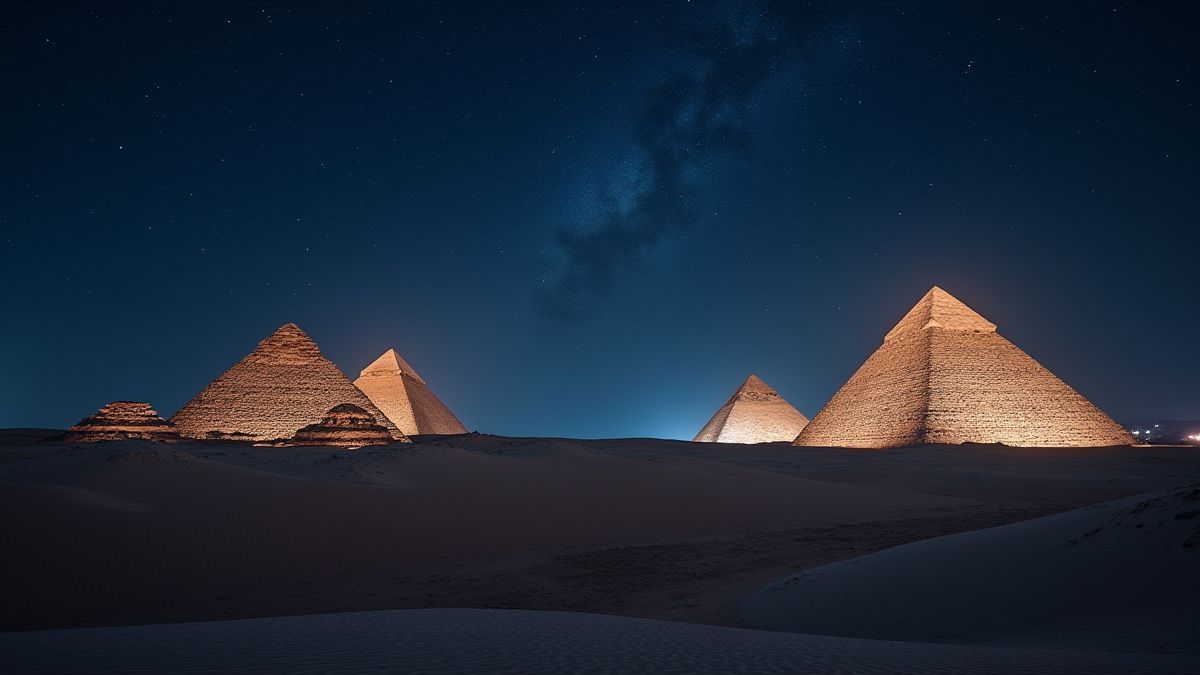Noche estrellada en un desierto egipcio con pirámides plateadas brillantes.
