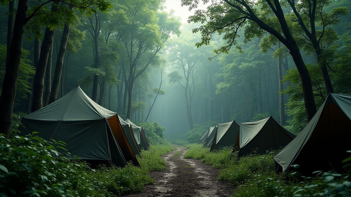 Uma selva com um acampamento militar equipado com tendas e equipamentos.
