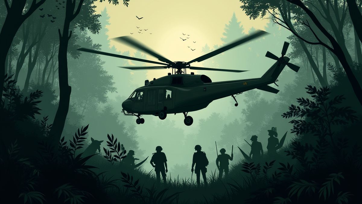Um helicóptero militar voando sobre a selva com soldados abaixo.