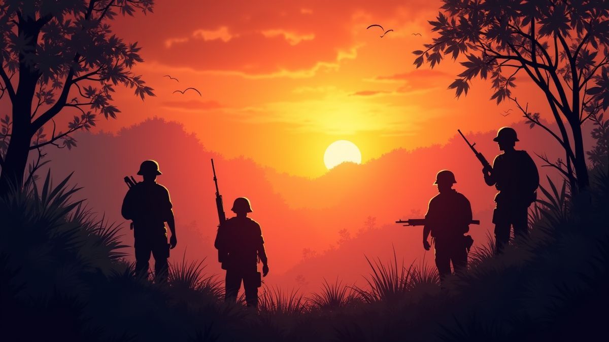 Uma selva ao pôr do sol com silhuetas de soldados.