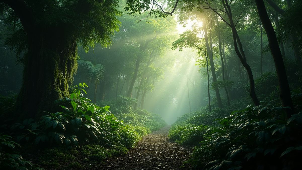 Uma jungla densa com raios de sol atravessando as árvores, evocando um cenário de guerra tropical.
