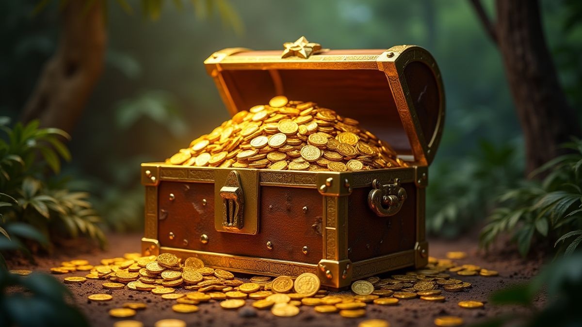 Um cofre dourado brilhante cheio de moedas e tesouros em um cenário de selva de guerra.