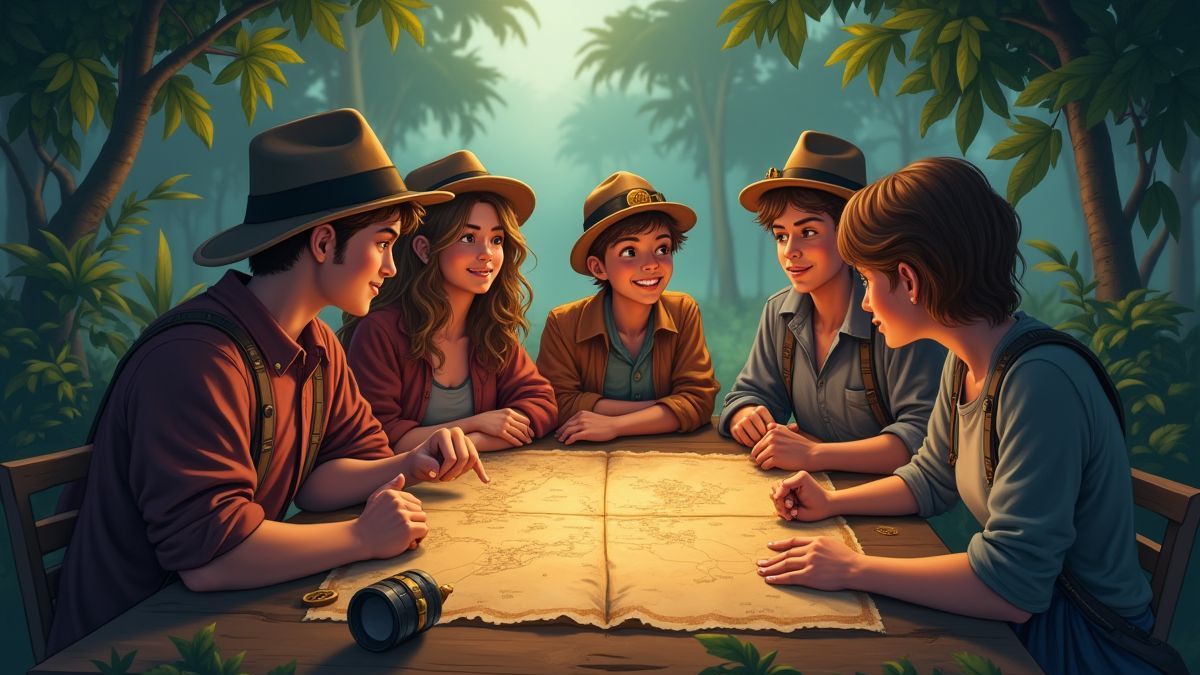 Groupe d'amis planifiant des stratégies autour d'une carte au trésor
