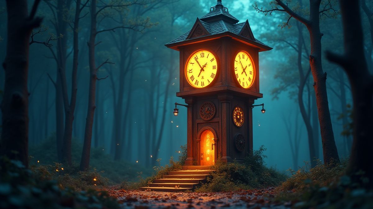 A glowing clock tower in a mystical forest with gears and sparkling effects.