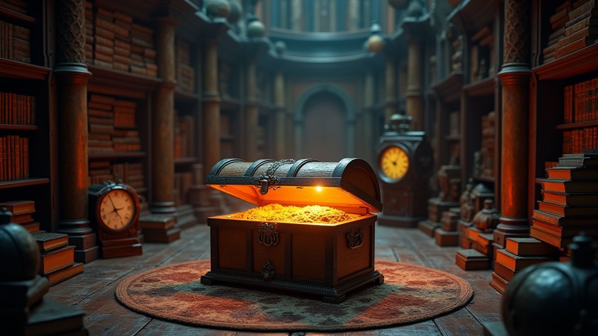 A glowing treasure chest in a mystical library filled with ancient books and clocks.