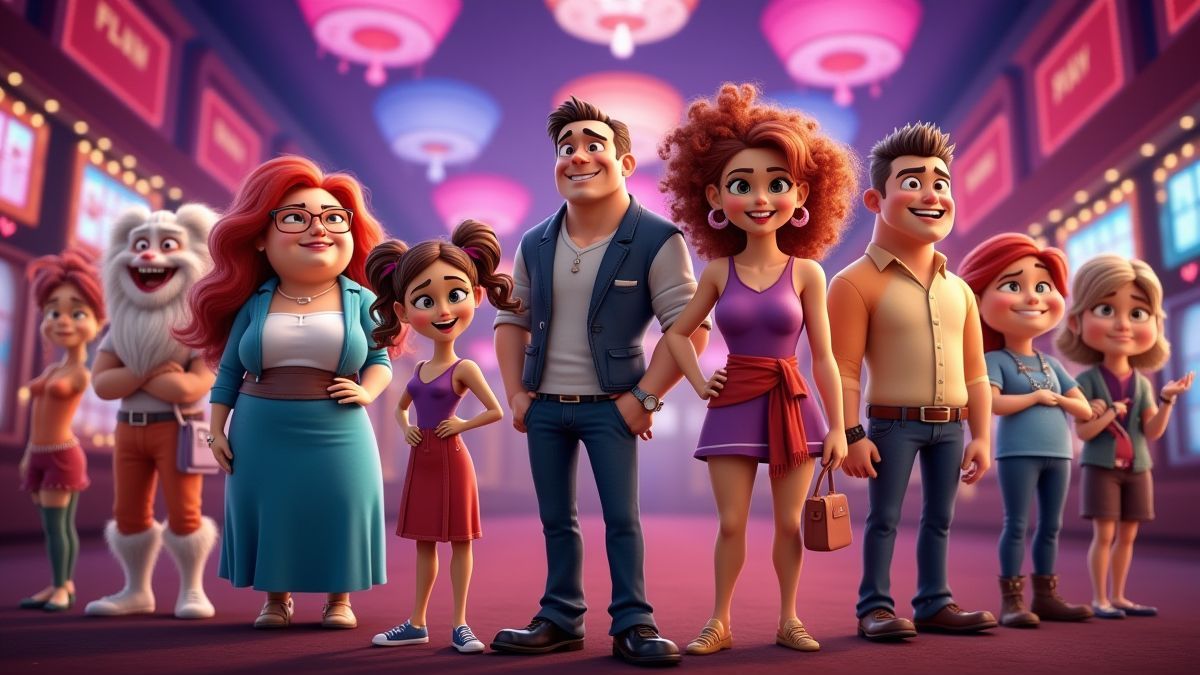 Personajes animados en un casino lleno de colores vibrantes.