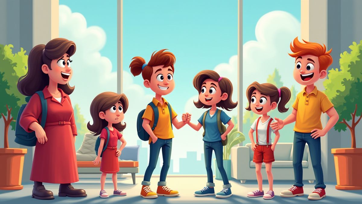 Personajes animados en un entorno moderno y estilizado.