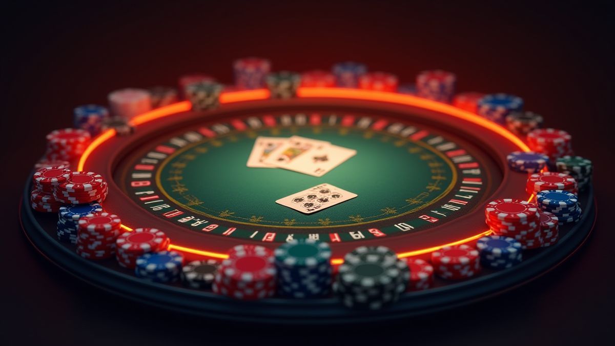 Mesa de cassino iluminada com fichas e cartas