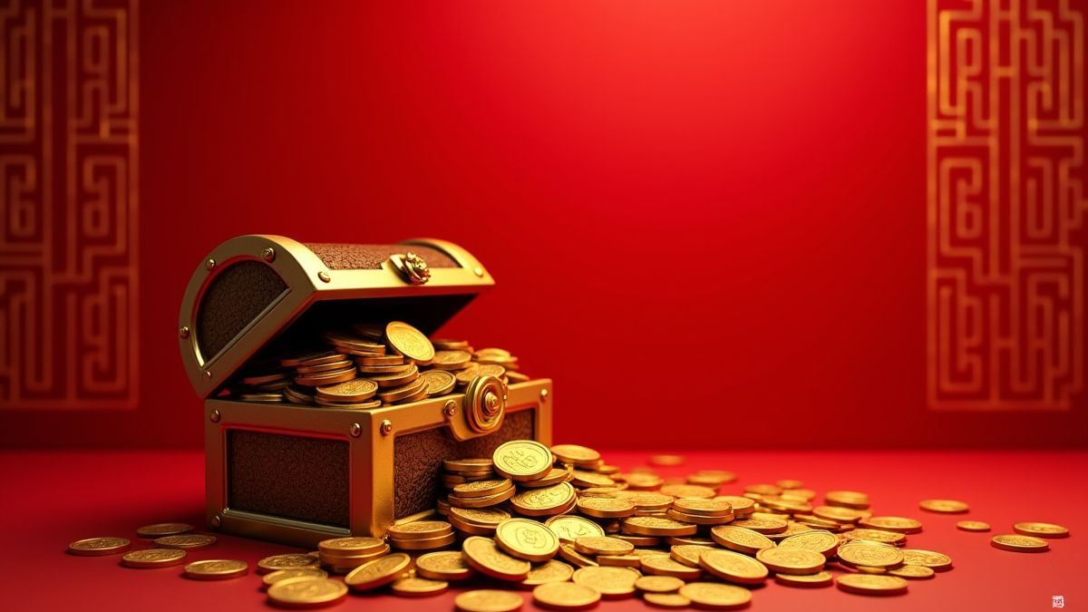 Monedas de ouro saindo de um cofre do tesouro com design asiático.