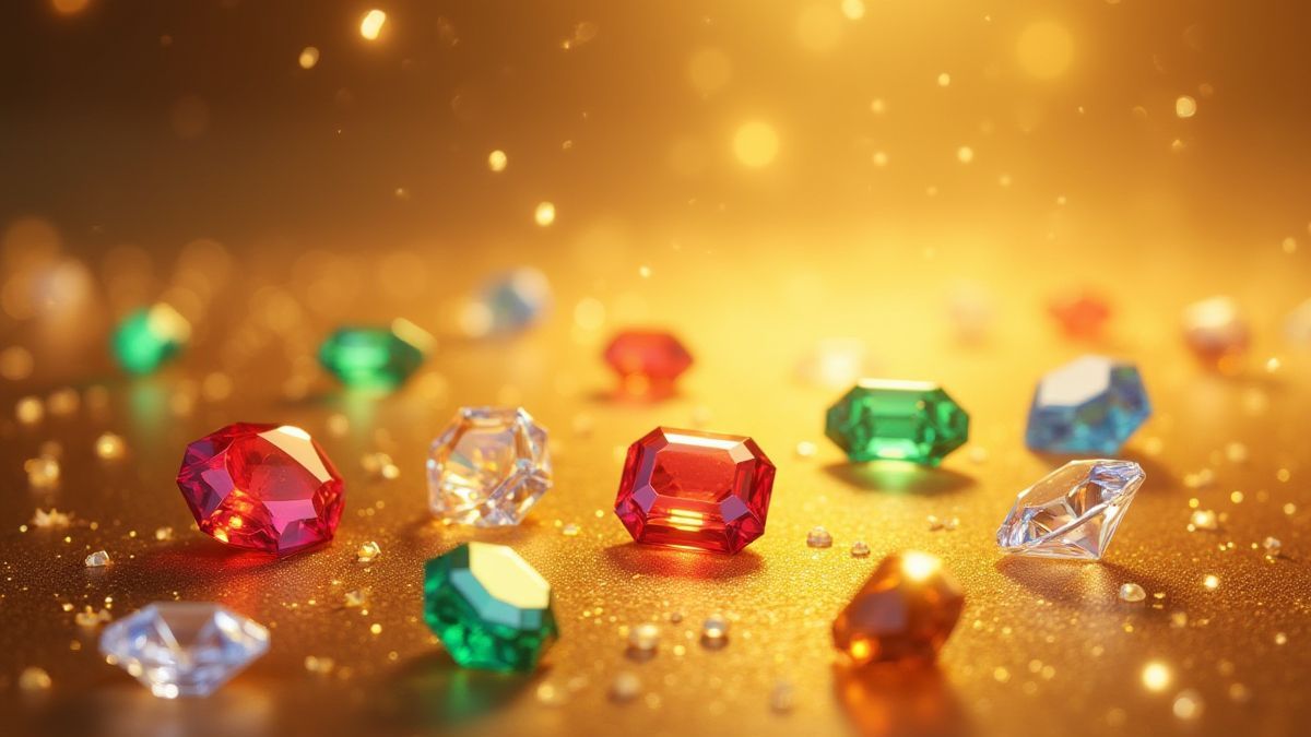 Joias brilhantes como esmeraldas, rubis e diamantes sobre uma superfície dourada.