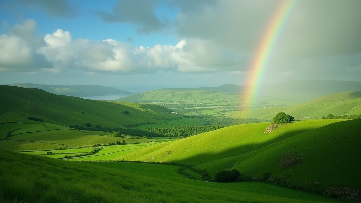 Uma paisagem irlandesa verde com colinas e um arco-íris no céu.