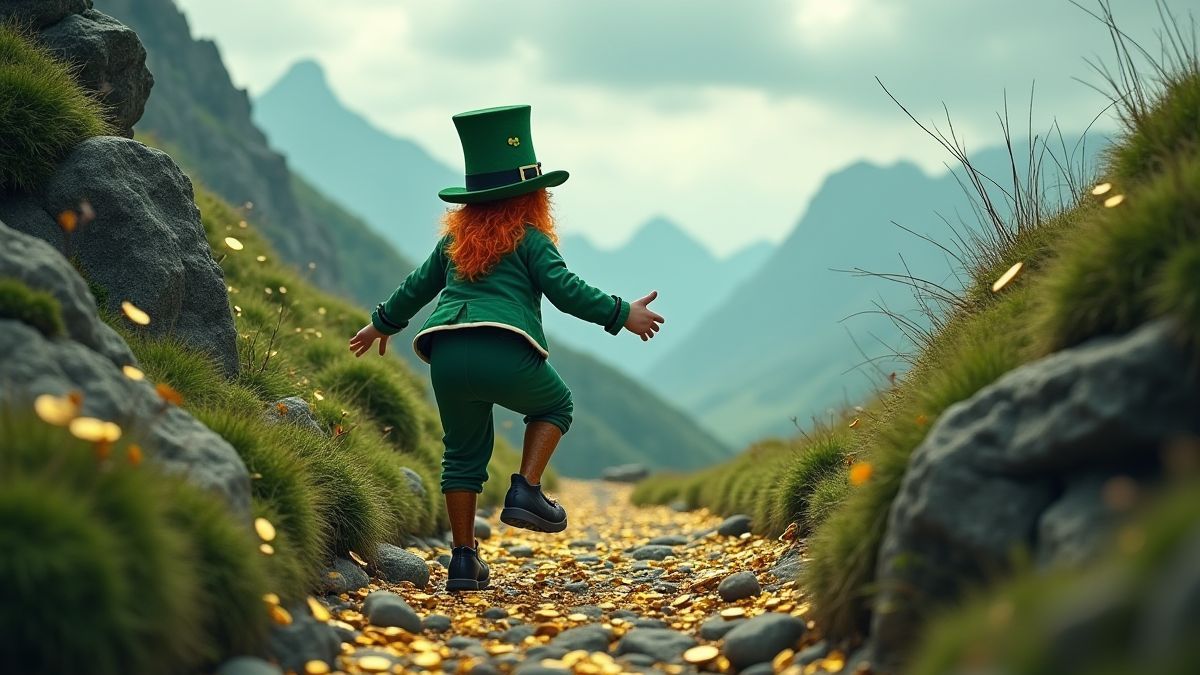 Um leprechaun subindo um caminho cheio de panelas de ouro.