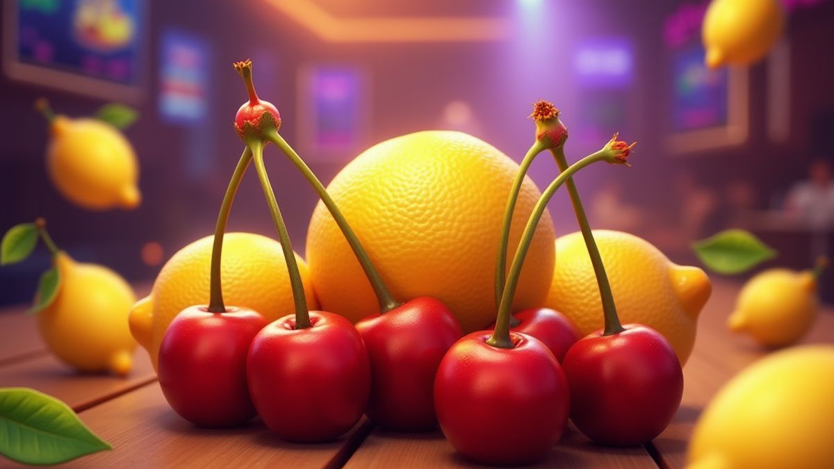 Animated fruits in a colorful casino.