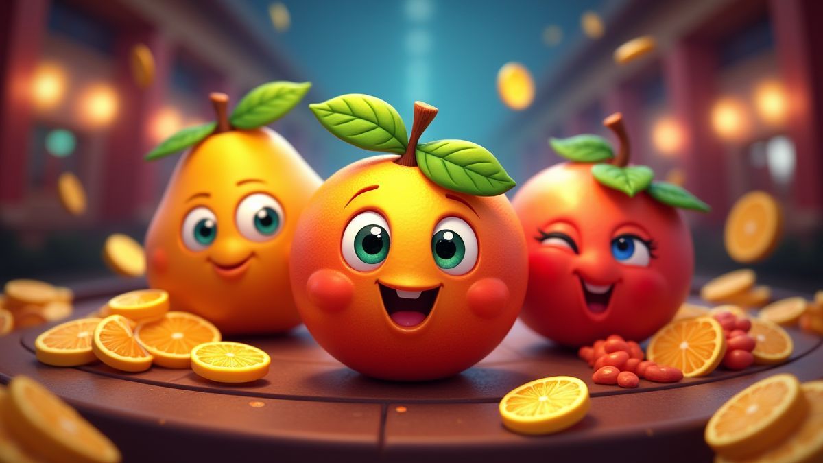 Animated fruits in a vibrant casino environment.
