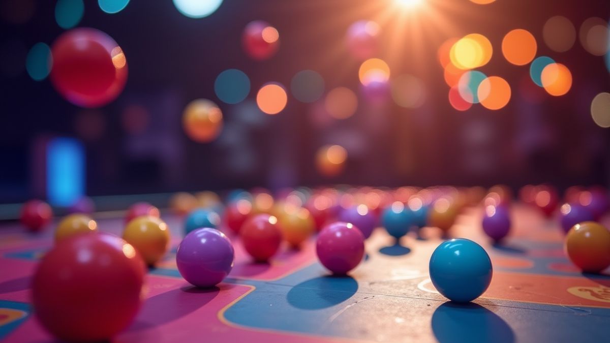 Colorful balls bouncing on a Plinko board.