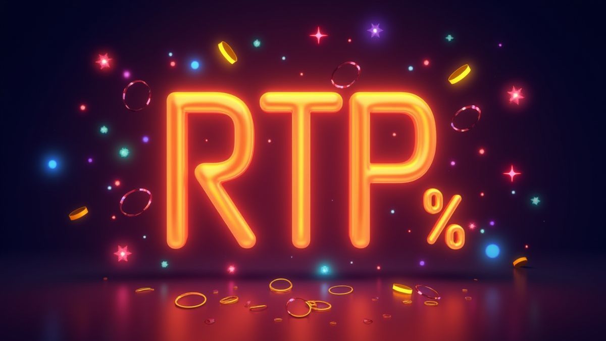 Glowing RTP percentage surrounded by lights and coins.