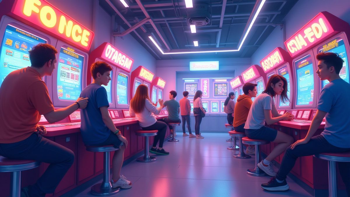 Mensen die genieten van een futuristische arcade-omgeving.