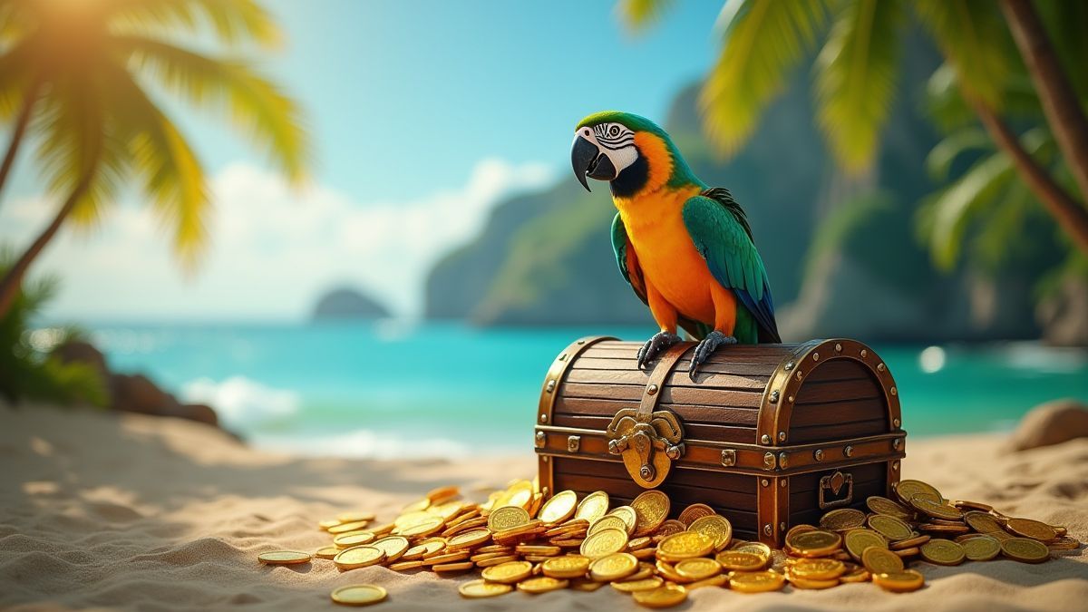 Un loro sobre un cofre del tesoro en una isla tropical.