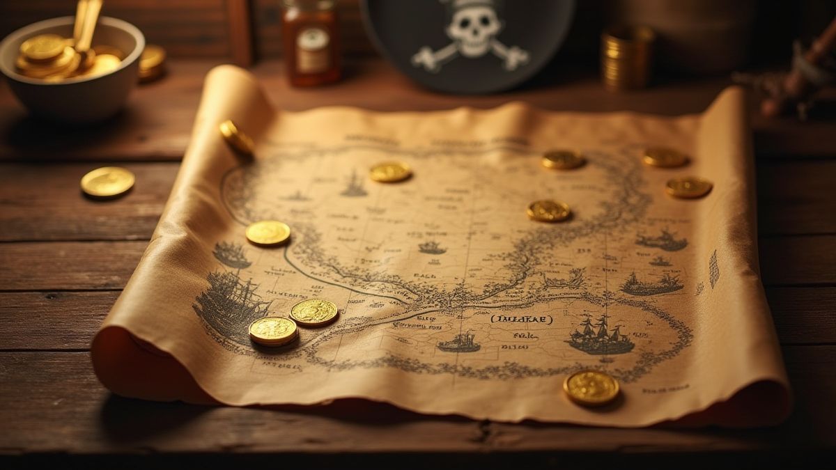 Un mapa del tesoro con monedas de oro y banderas piratas sobre una mesa de madera.
