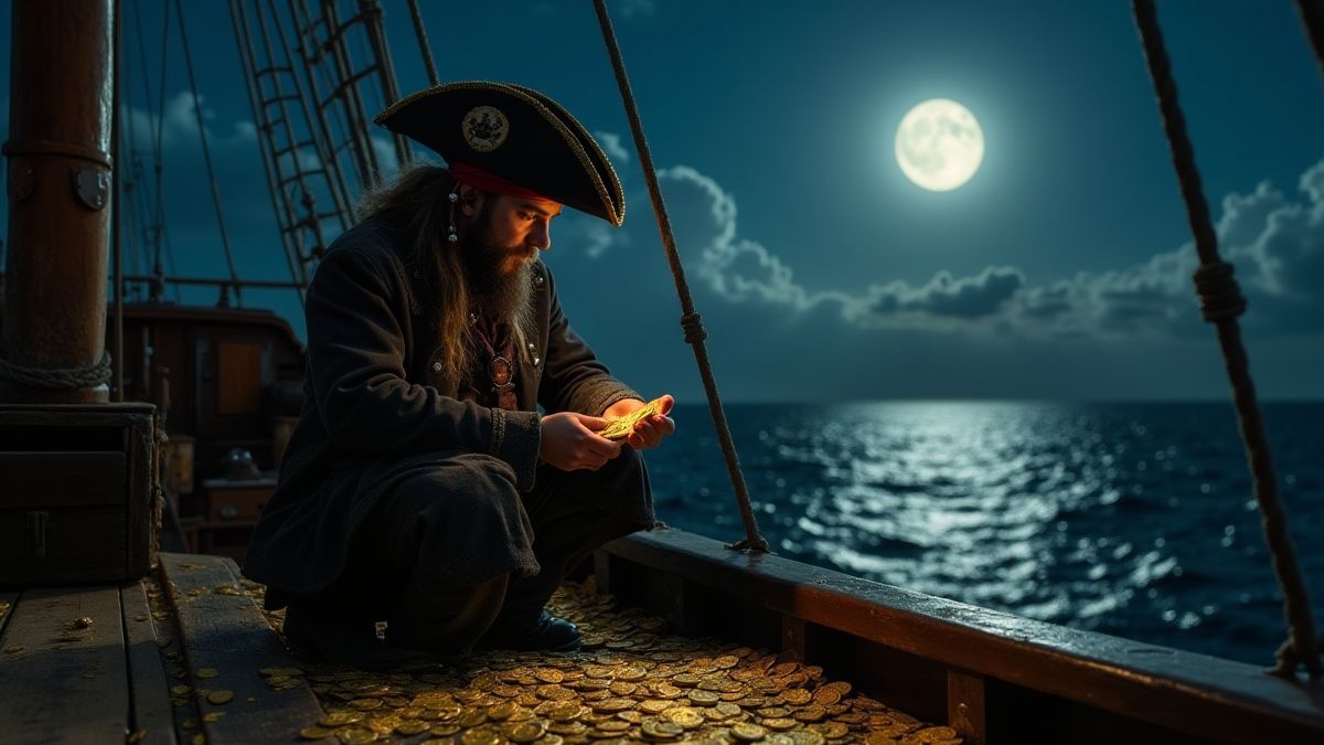 Un pirata contando monedas de oro en el barco bajo la luz de la luna.