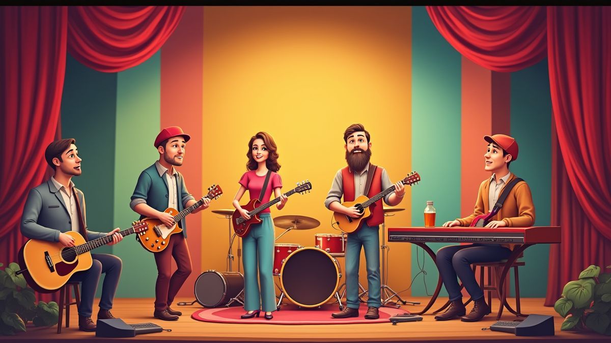 Animated stage with folk rock instruments and band members.