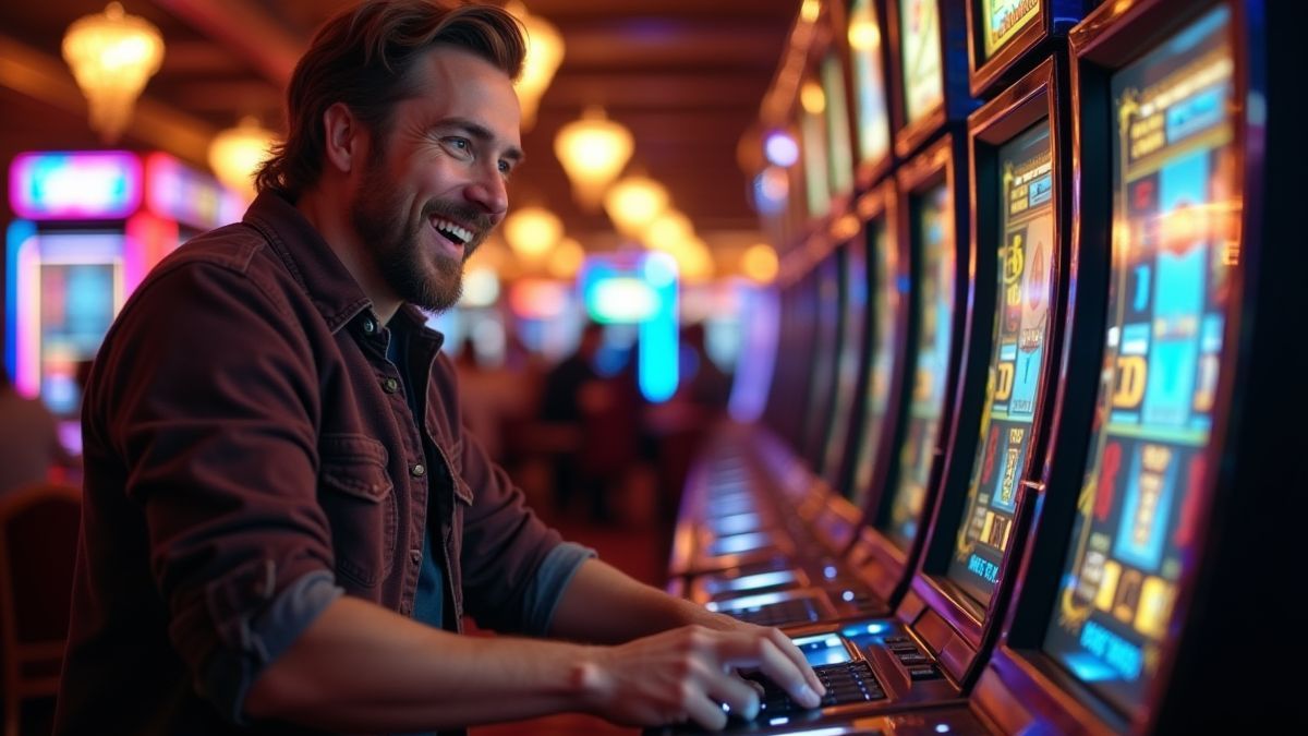 Happy player playing a folk rock-themed slot machine.