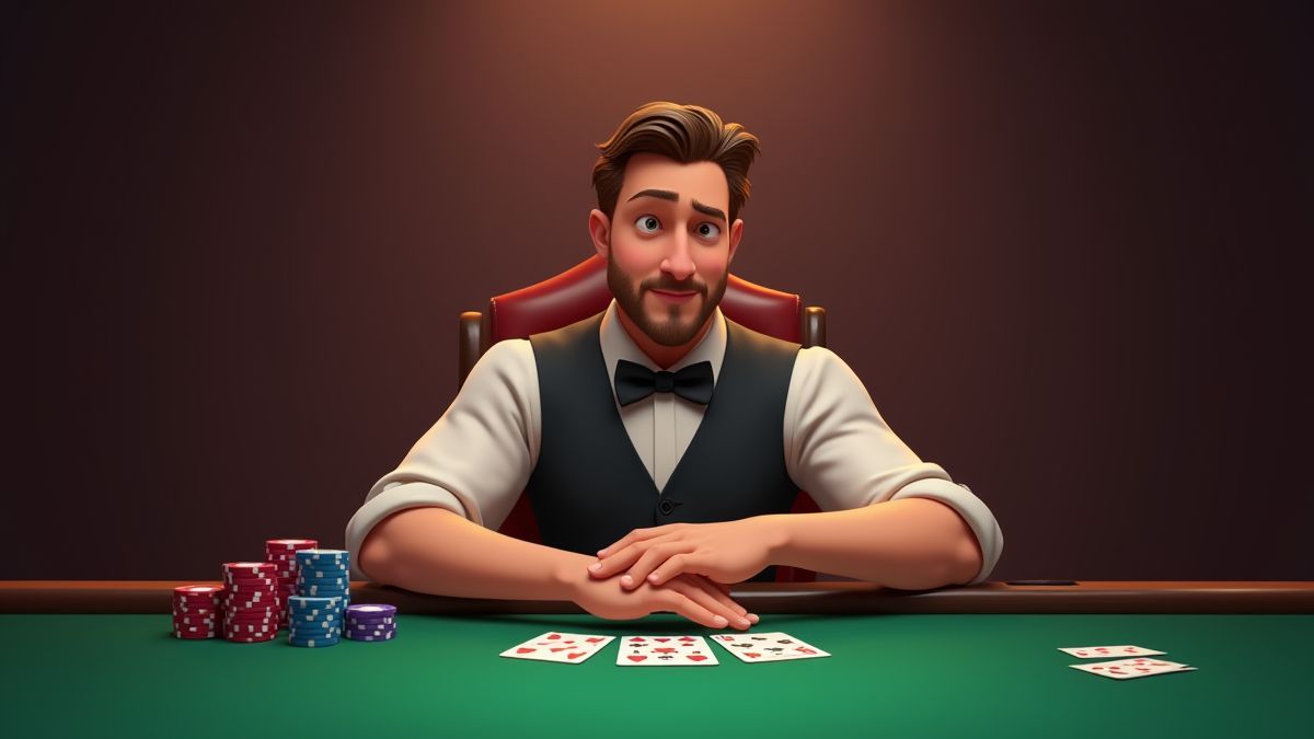 Poker-Dealer an einem Spieltisch mit Chips und Karten.