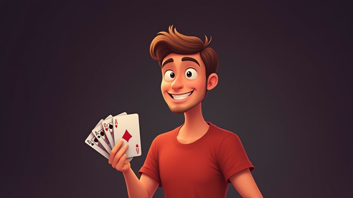 Anfänger-Poker-Spieler lächelt selbstbewusst mit Karten in der Hand.