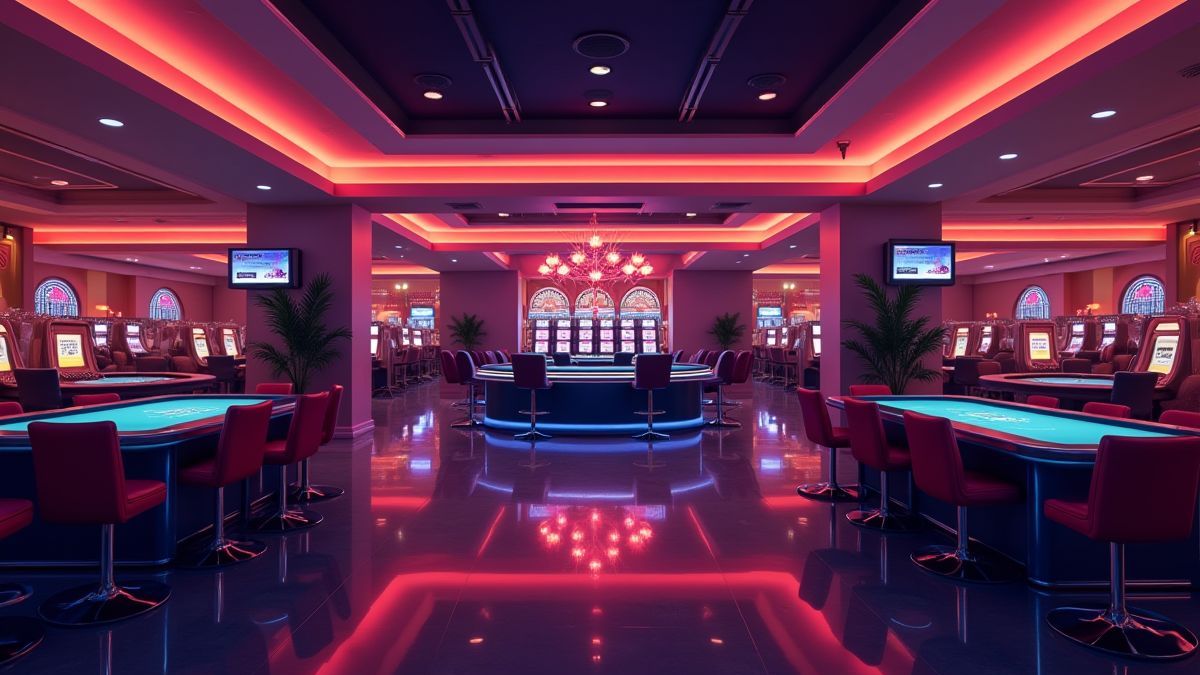 Elegante Casino-Lobby mit leuchtenden Lichtern und Spieltischen.