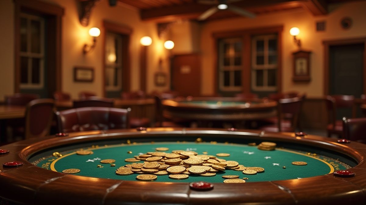 Um salão do oeste com mesas de pôquer e moedas de ouro dispersas.