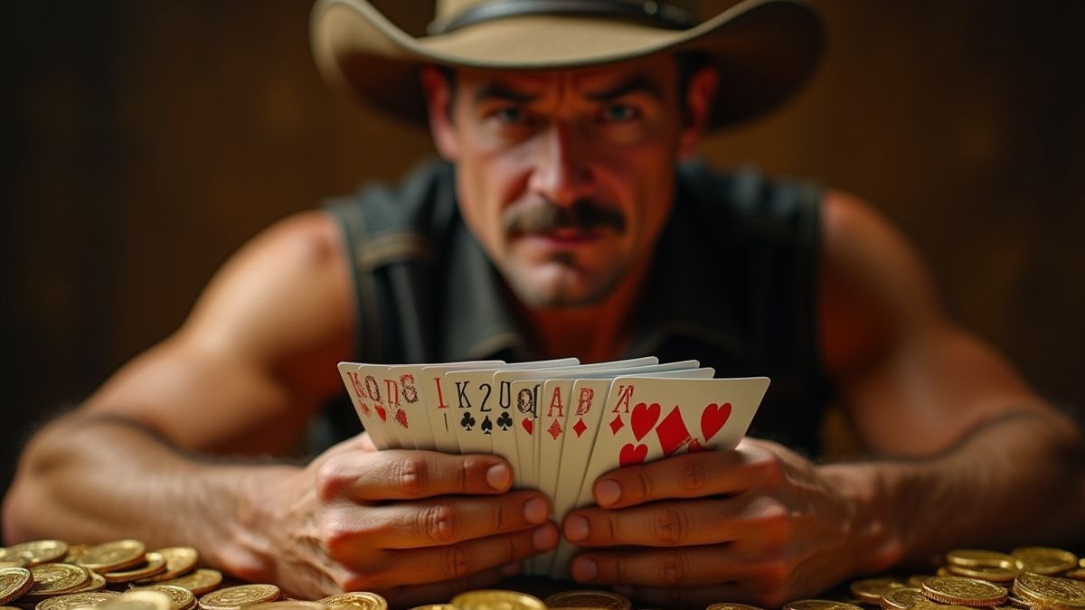 Um cowboy segurando cartas de pôquer rodeado de moedas de ouro.